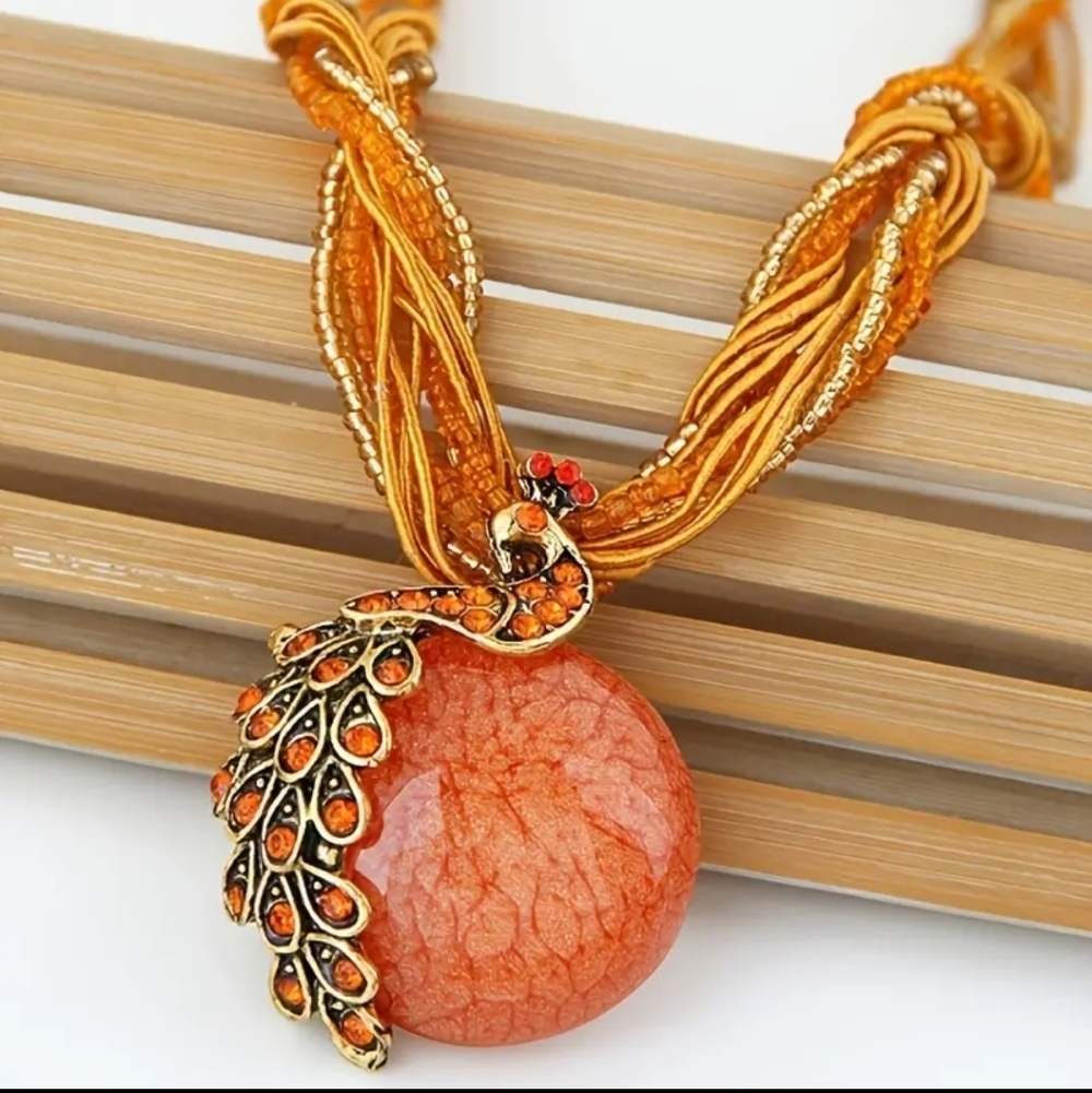 Boho Stunning Orange Necklace with Gold Accents Beading Rhinestones - Picture 4 of 4